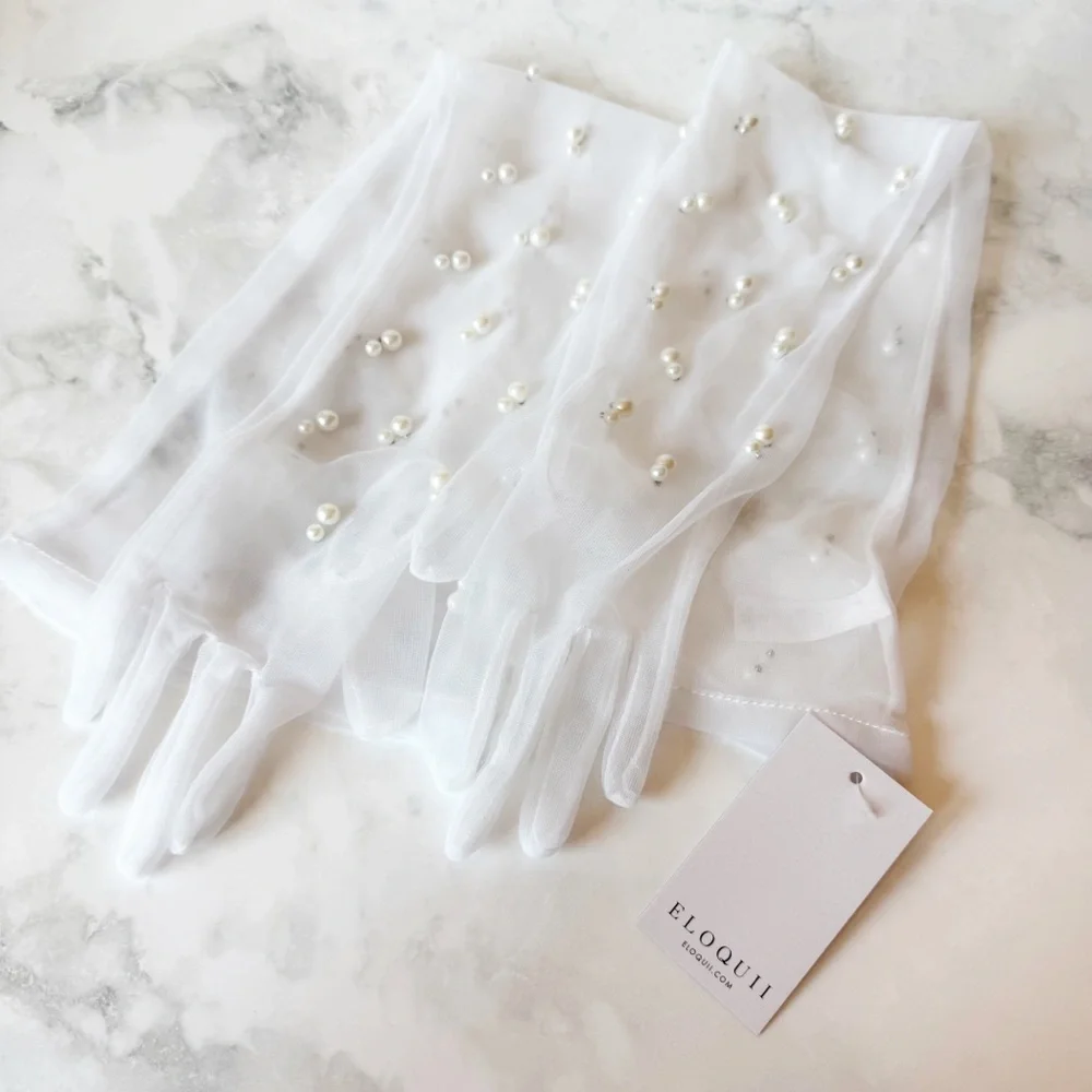 Eloquii White Sheer Nylon Gloves with Pearls